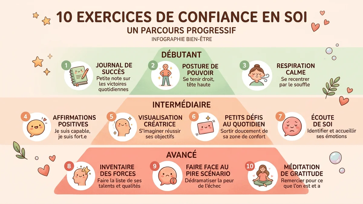 Infographie des 10 exercices de confiance en soi organisés en trois niveaux de difficulté avec icônes visuelles et code couleur progressif