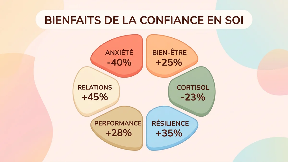 Infographie des bienfaits prouvés des exercices de confiance en soi avec statistiques et pourcentages par catégorie