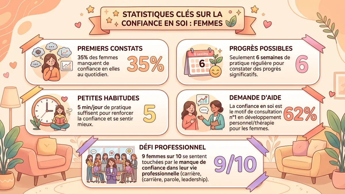 Infographie statistiques clés sur la confiance en soi : pourcentage d'amélioration, durée nécessaire et facteurs de réussite