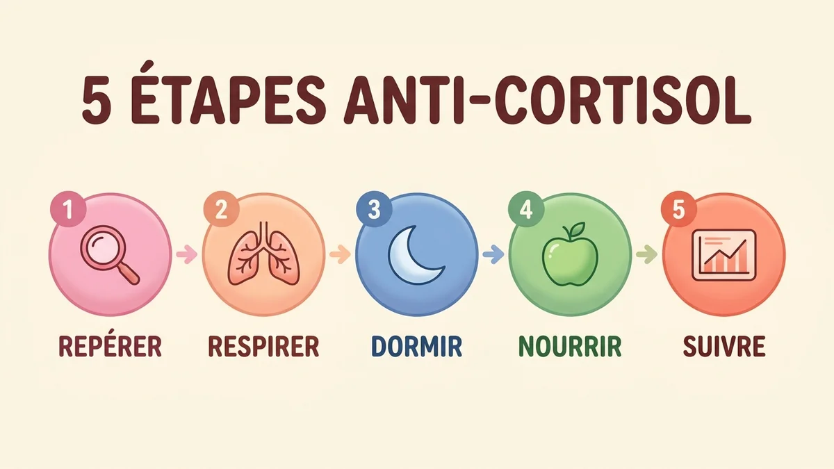 Schéma du processus en 5 étapes pour réguler le cortisol au quotidien : identifier les signes, pratiquer la cohérence cardiaque, optimiser le sommeil, adapter l'alimentation et suivre sa progression