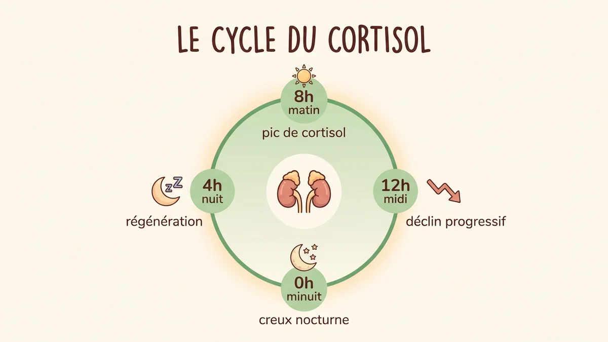 Infographie du cycle du cortisol : schéma circulaire montrant l'axe HPA, le rythme circadien du cortisol avec pic matinal et creux nocturne, et le dérèglement en cas de stress chronique