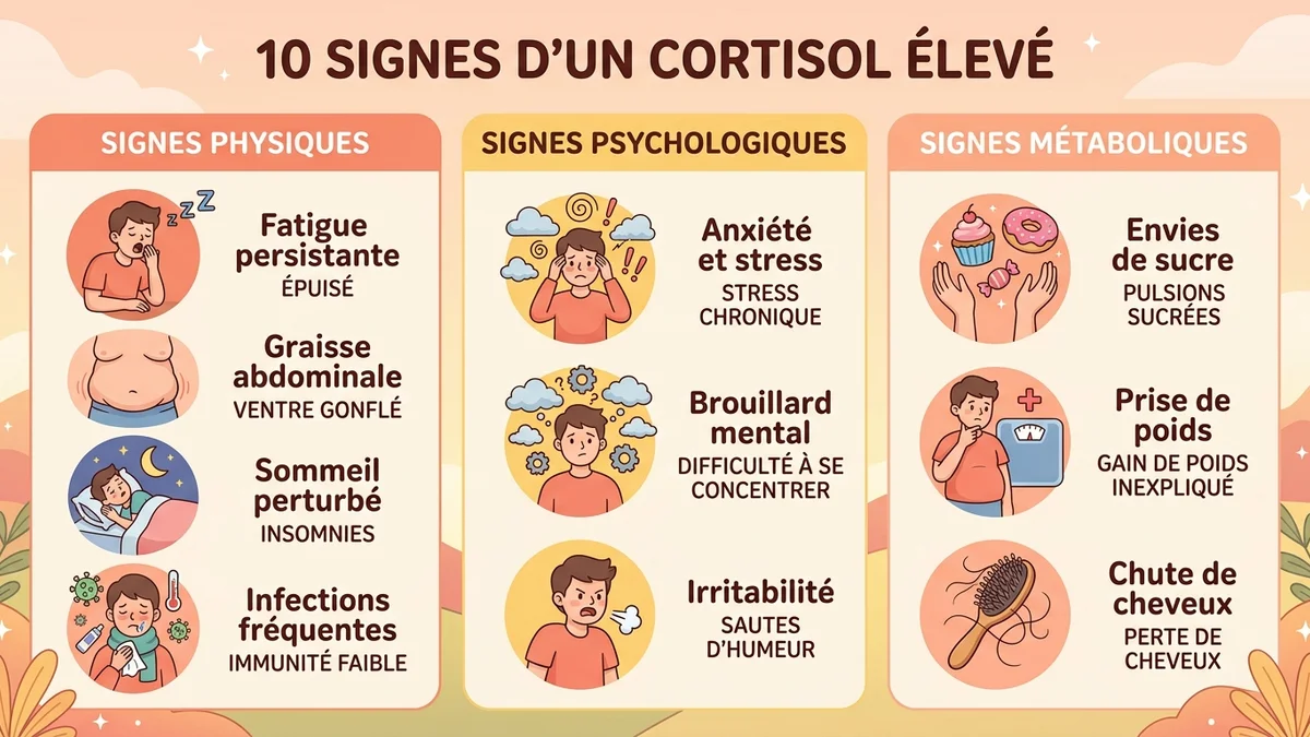 Infographie des 10 signes d'un cortisol élevé classés en trois catégories : physiques, psychologiques et métaboliques, avec icônes et code couleur par catégorie