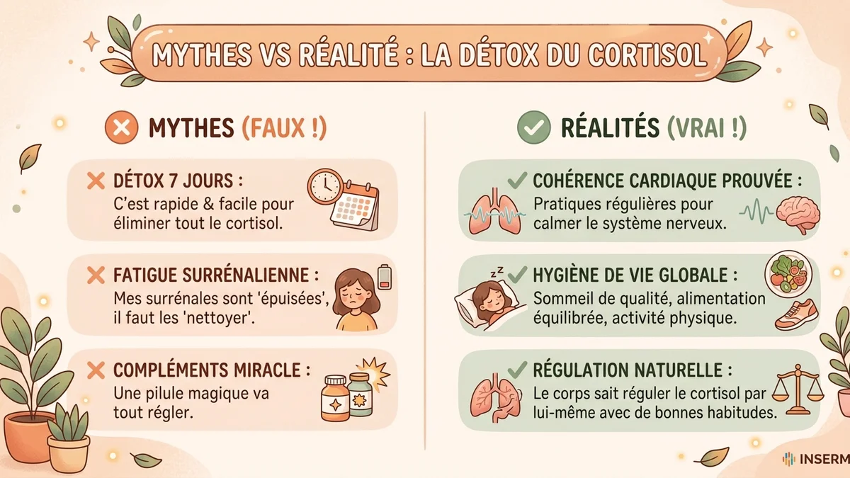 Infographie comparant le mythe de la détox cortisol et la réalité scientifique : deux colonnes avec les idées reçues à gauche et les faits validés par la science à droite