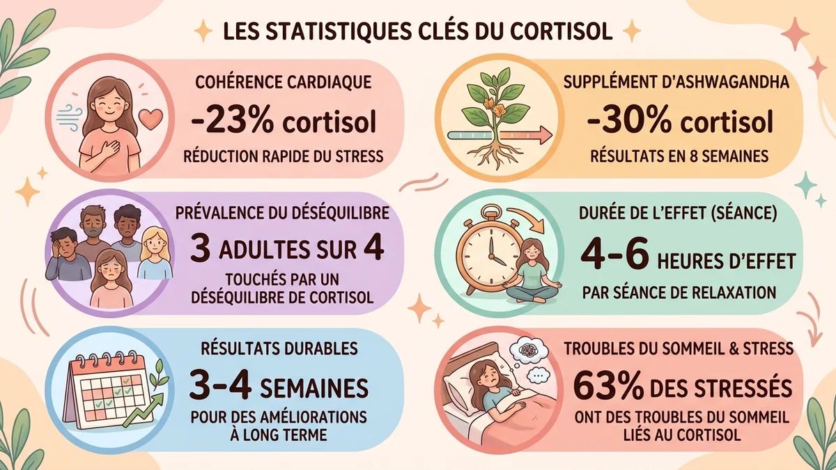 Infographie récapitulative des statistiques clés : cohérence cardiaque réduit cortisol de 23 pourcent, ashwagandha de 30 pourcent en 8 semaines, effets durables après 3-4 semaines de pratique quotidienne