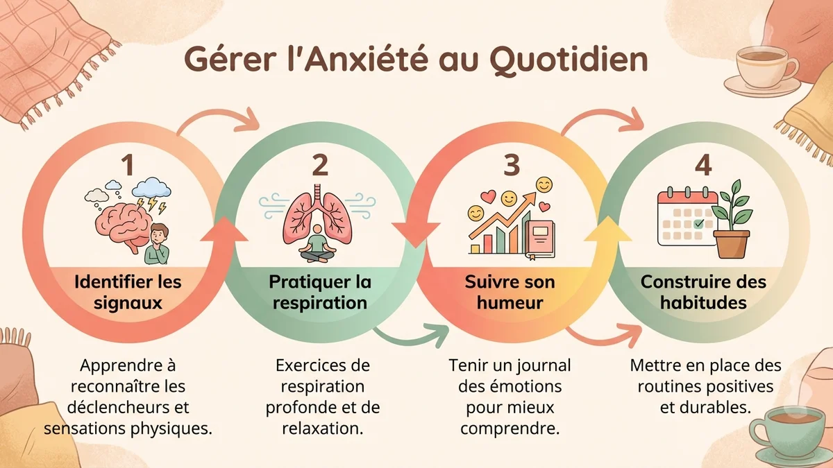 Schéma du processus en 4 étapes pour gérer l'anxiété au quotidien : identifier les signaux, pratiquer la respiration, suivre son humeur, construire des habitudes durables