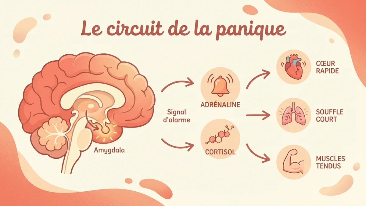 Infographie du mécanisme d'une crise d'angoisse : le circuit amygdale-hypothalamus-adrénaline, la boucle de l'hyperventilation et le rôle du système nerveux autonome