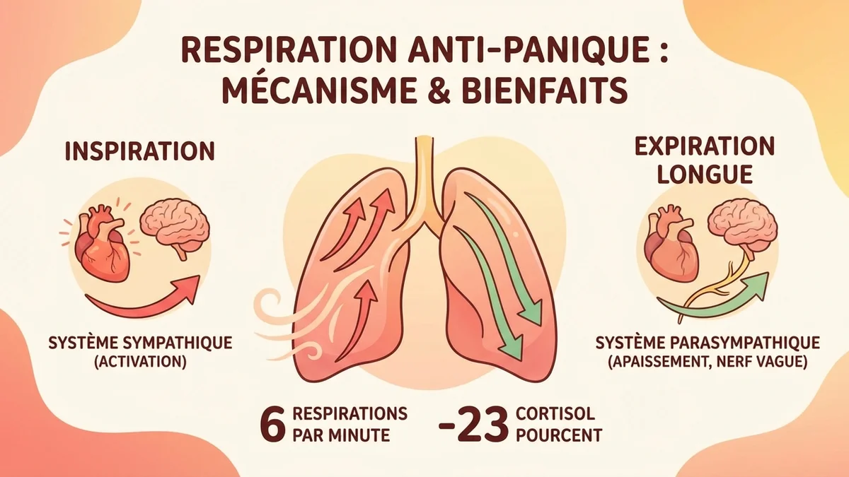 Infographie du mécanisme de la respiration anti-panique : inspiration active le sympathique, expiration longue active le parasympathique via le nerf vague, avec les effets sur le cortisol et le rythme cardiaque