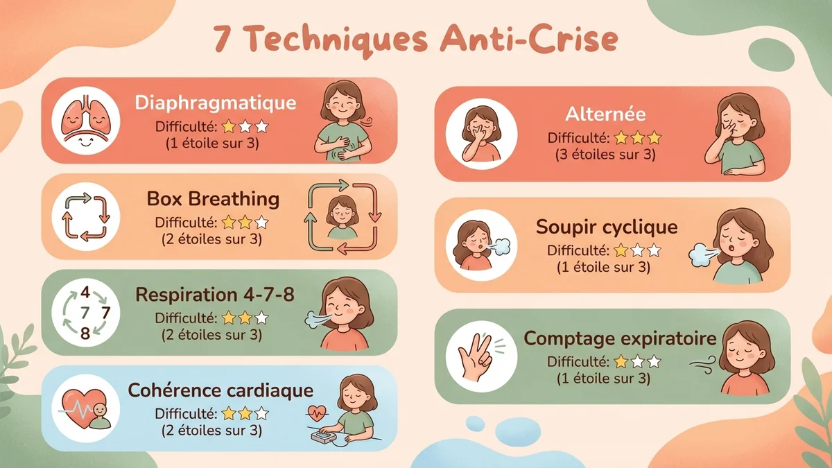 Infographie des 7 exercices de respiration anti-crise d'angoisse avec durées, niveaux de difficulté et efficacité prouvée pour chaque technique