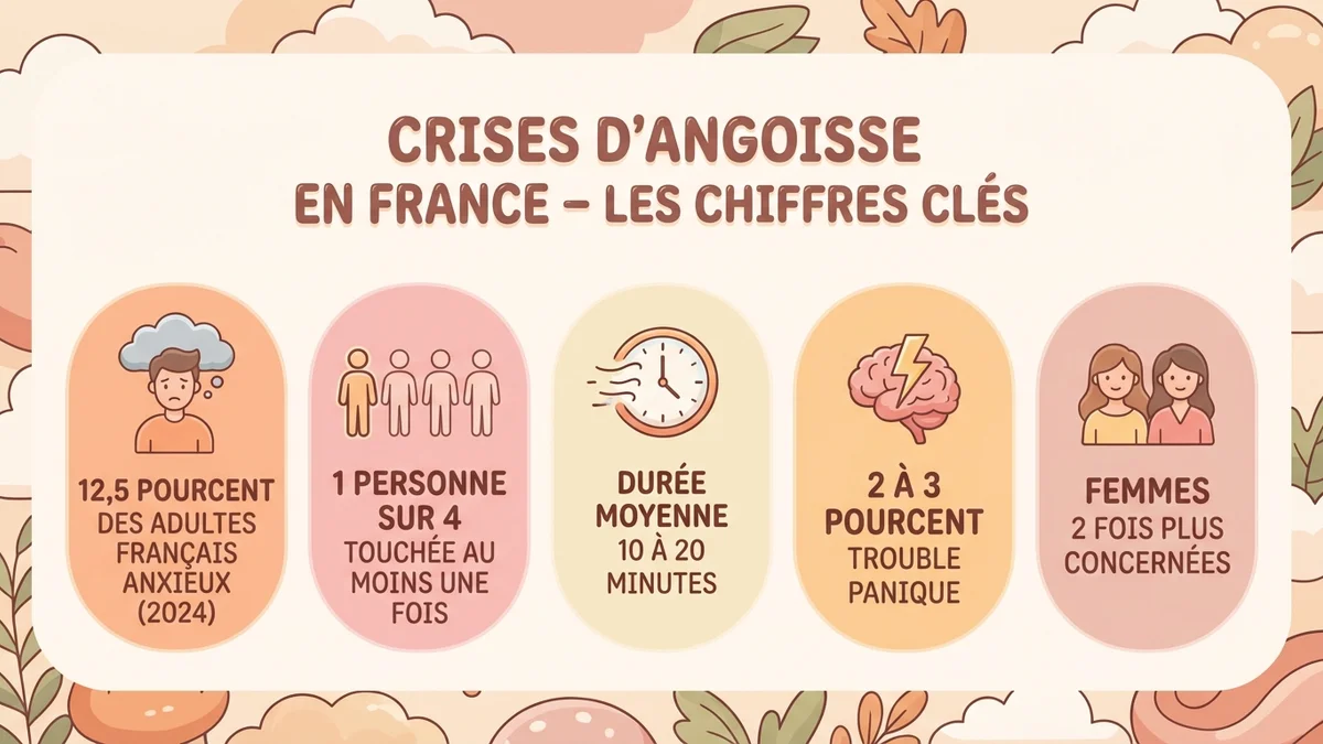 Infographie des statistiques clés sur les crises d'angoisse en France : 12,5% des adultes anxieux, 1 personne sur 4 touchée, durée moyenne 10-20 minutes, 2-3% souffrent de trouble panique