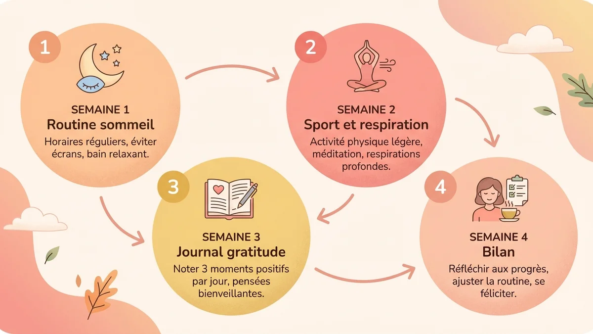 Infographie pas-à-pas montrant le processus pour remonter la pente : semaine 1 routine et sommeil, semaine 2 activité physique et respiration, semaine 3 journal et suivi, semaine 4 bilan et ajustement
