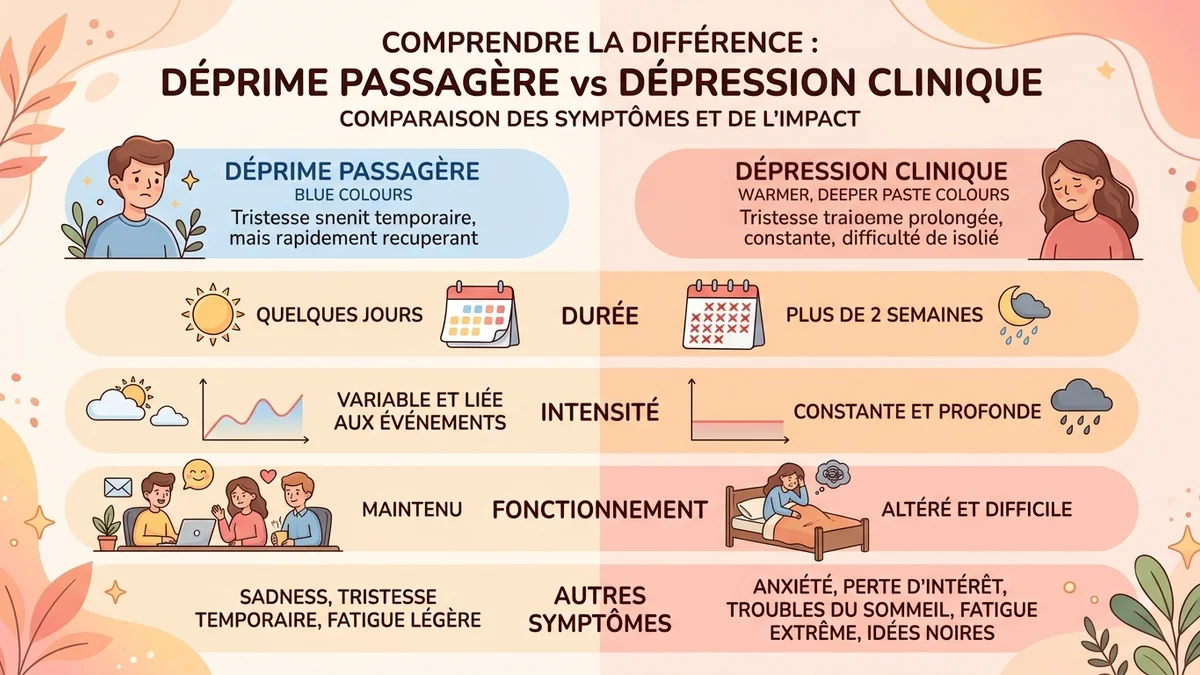 Infographie comparant les signes de la déprime passagère et de la dépression clinique avec durée, intensité et critères diagnostiques clés