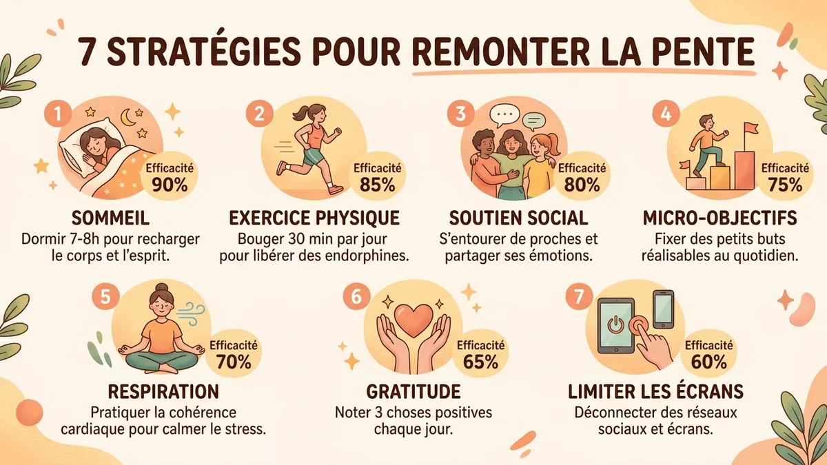 Infographie détaillant les 7 stratégies pour remonter la pente avec durée, fréquence recommandée et impact mesuré sur l'humeur