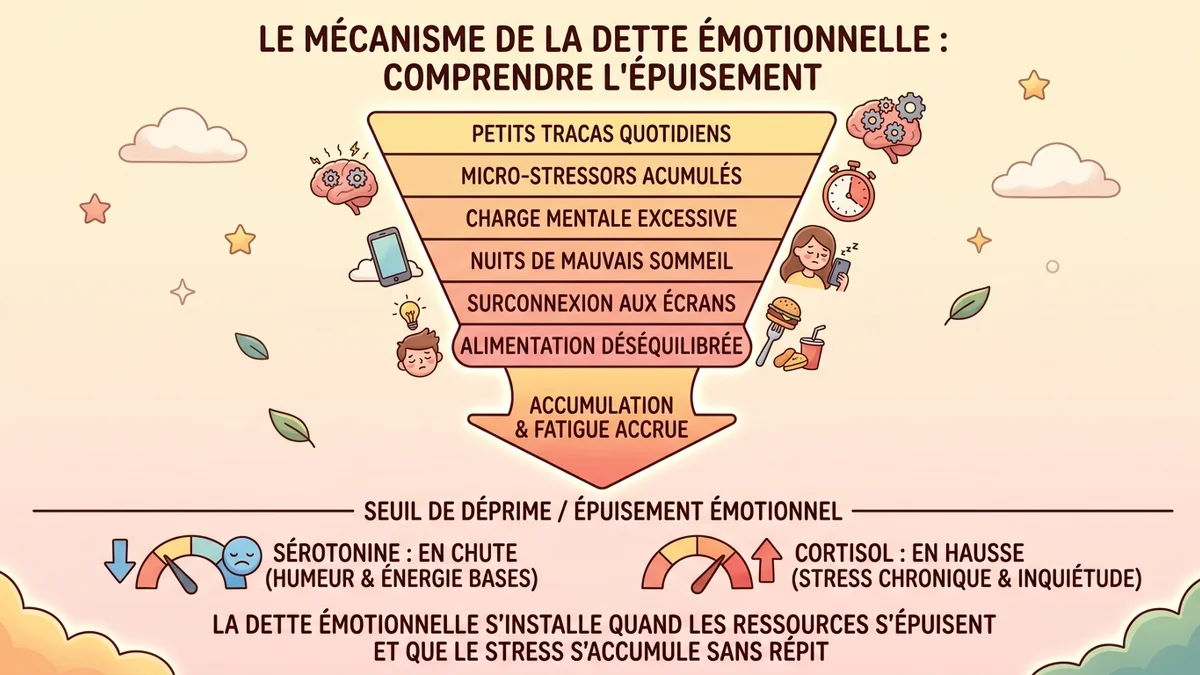 Infographie illustrant le mécanisme de la dette émotionnelle avec accumulation de micro-stress, impact sur la sérotonine et le cortisol, et seuil de déclenchement de la déprime