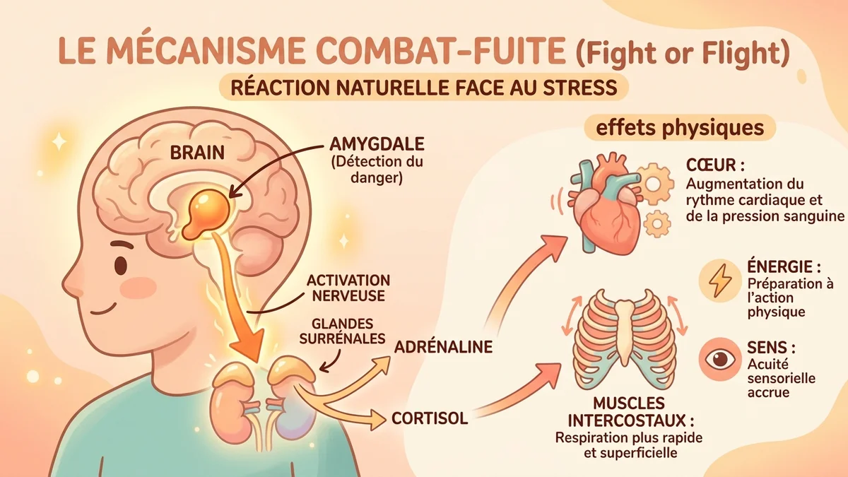 Infographie du mécanisme combat-fuite : adrénaline, cortisol et leurs effets sur les muscles intercostaux et le rythme cardiaque