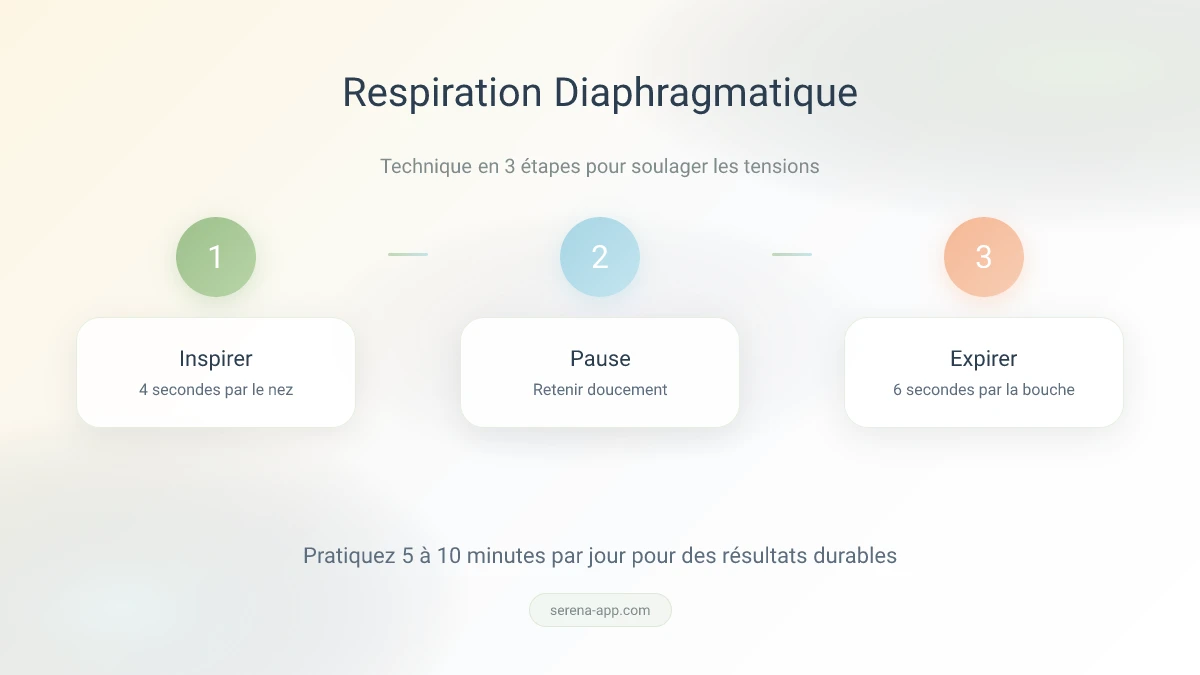 Infographie de la respiration diaphragmatique : inspirer 4s par le nez, gonfler le ventre, expirer 6s par la bouche