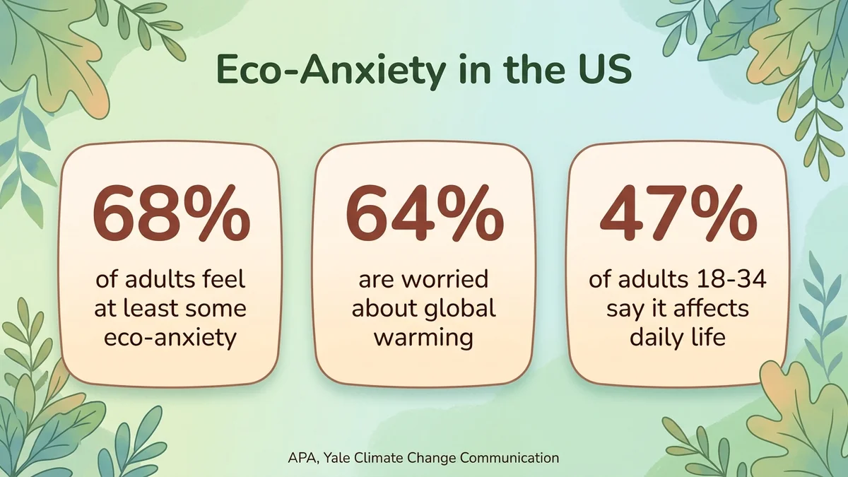 Infographic of key eco-anxiety statistics in the US: 68% of adults with some eco-anxiety, 64% worried about global warming, 47% of young adults affected daily, with pie charts and bars in pastel colors