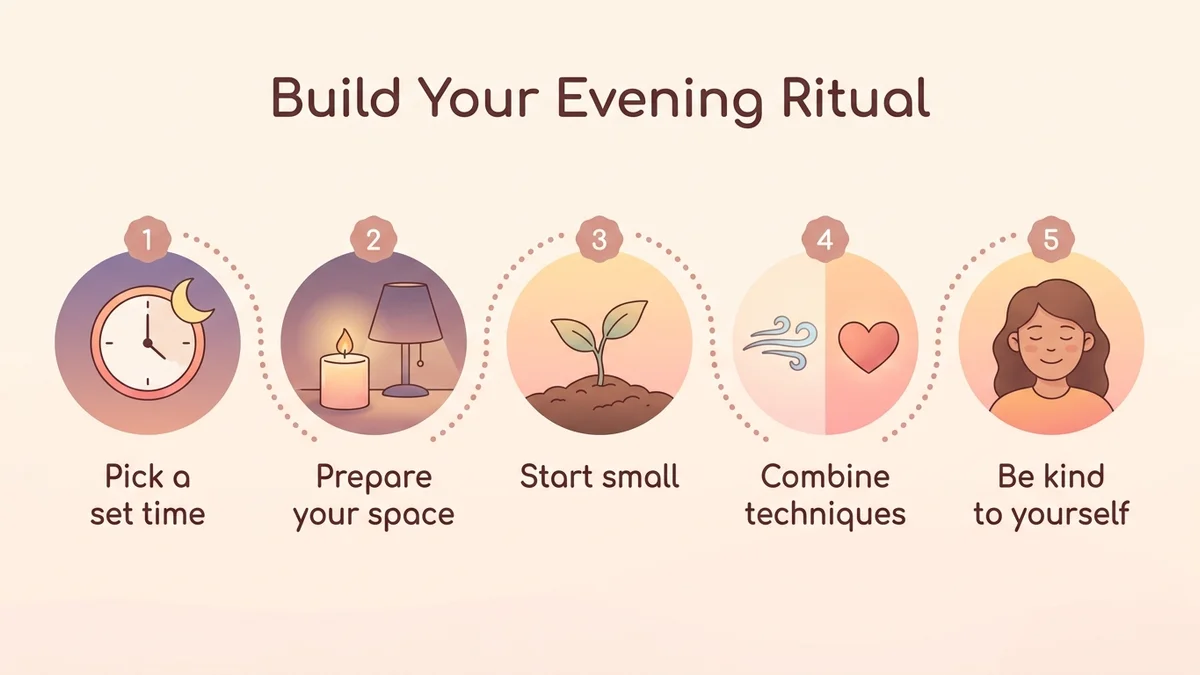 Diagram of the step-by-step process for creating your evening meditation ritual: from preparing your space to falling asleep, with numbered circles and icons