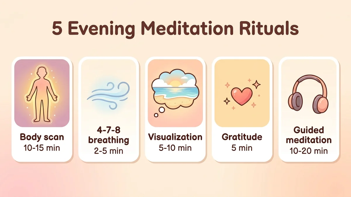 Infographic of the 5 evening meditation rituals with duration, difficulty and visual icons for each technique: body scan, breathing, visualization, gratitude, guided meditation