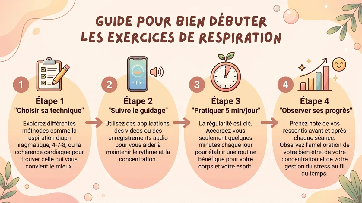 Schéma du processus en 4 étapes : choisir sa technique, suivre le guidage visuel, pratiquer 5 minutes, observer ses progrès dans le temps