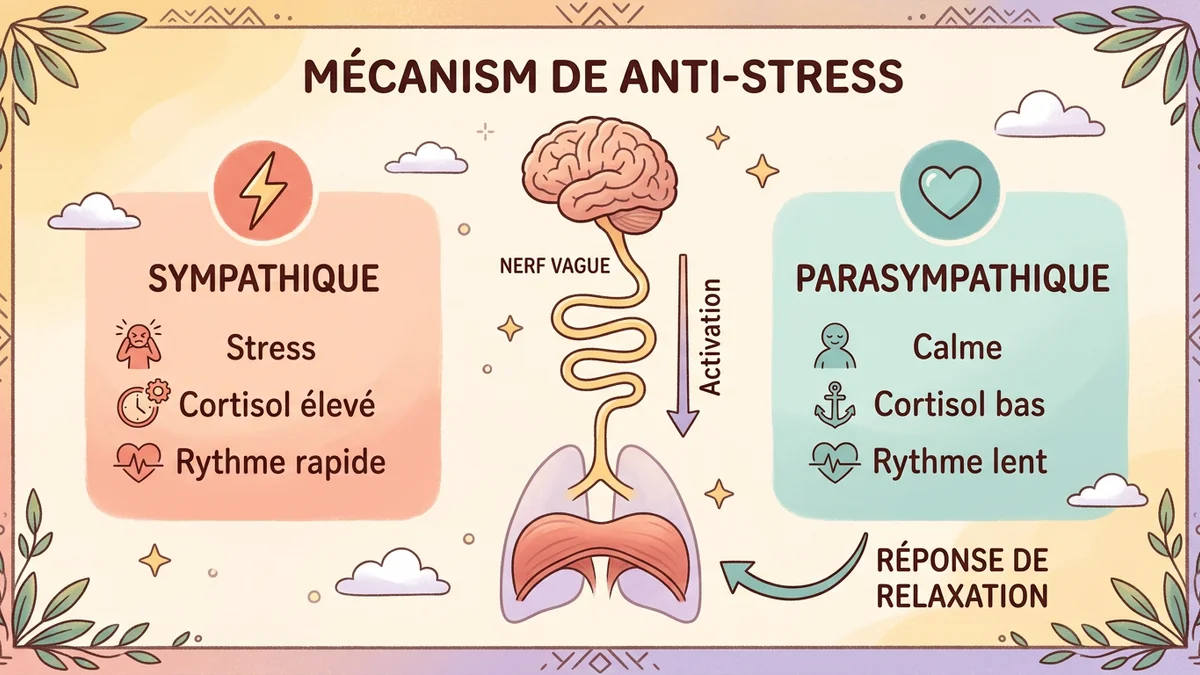 Infographie du mécanisme de la respiration anti-stress : schéma du système nerveux autonome avec le nerf vague reliant le cerveau au diaphragme, montrant la bascule sympathique vers parasympathique