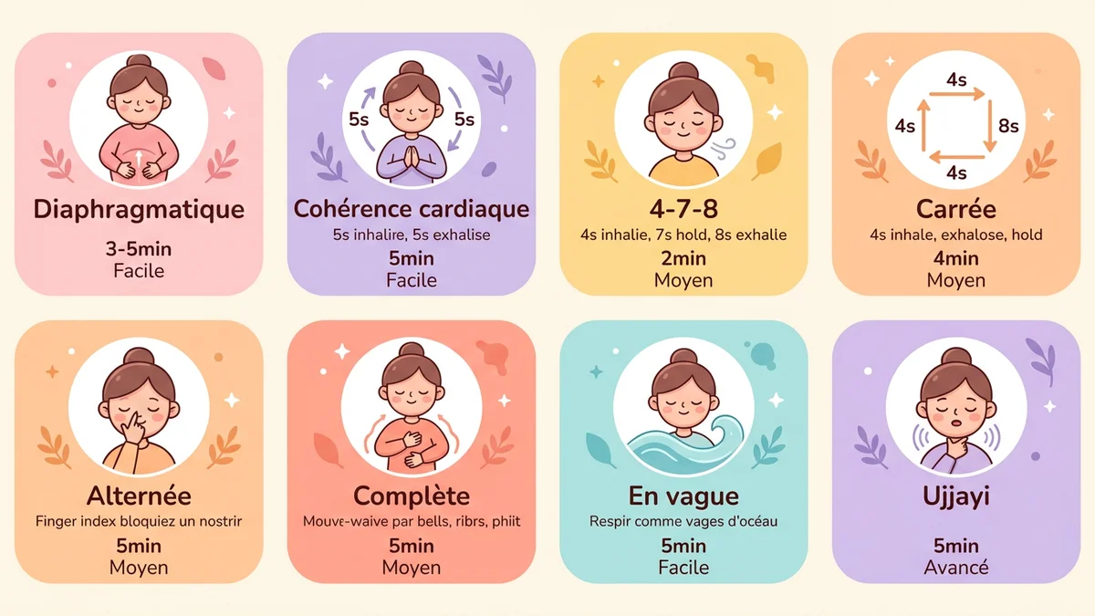 Infographie des 8 techniques de respiration avec pictogrammes, durées et niveaux de difficulté en couleurs pastels