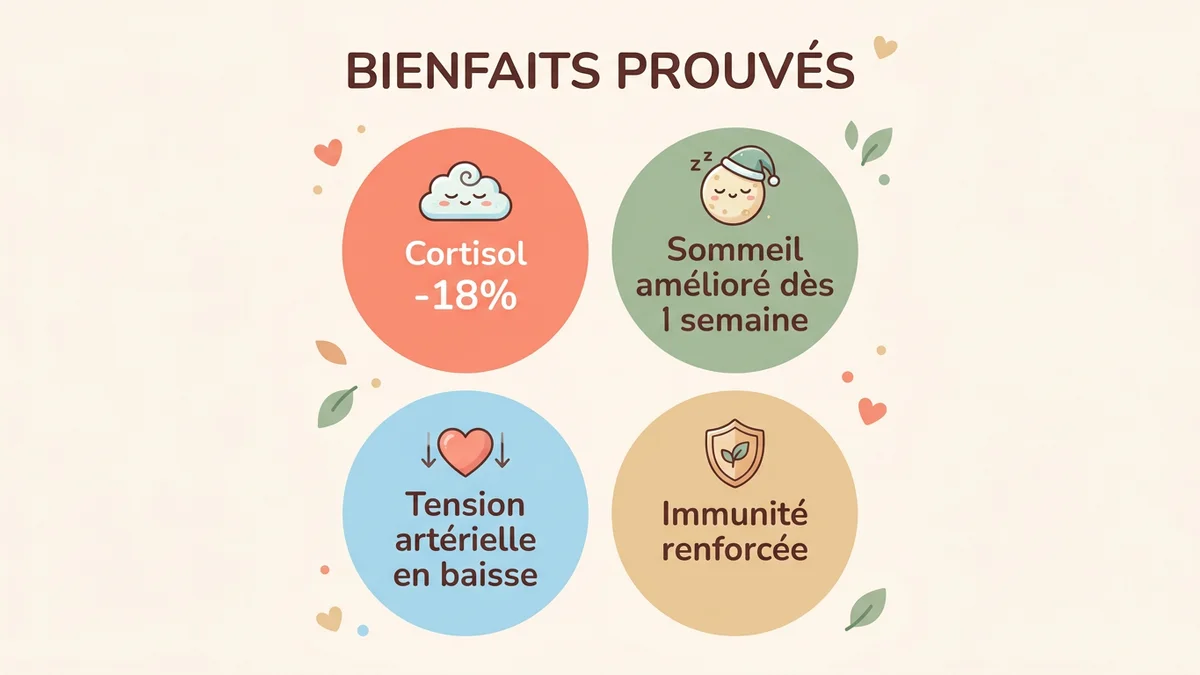 Infographie des bienfaits prouvés des exercices de respiration : réduction du cortisol, amélioration du sommeil, baisse de la tension artérielle et renforcement immunitaire avec pourcentages