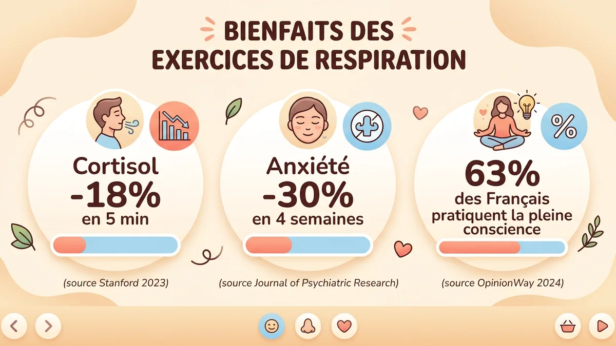 Infographie montrant les statistiques clés : cortisol -18% après 5 min, anxiété -30% en 4 semaines, 63% des Français pratiquent la pleine conscience