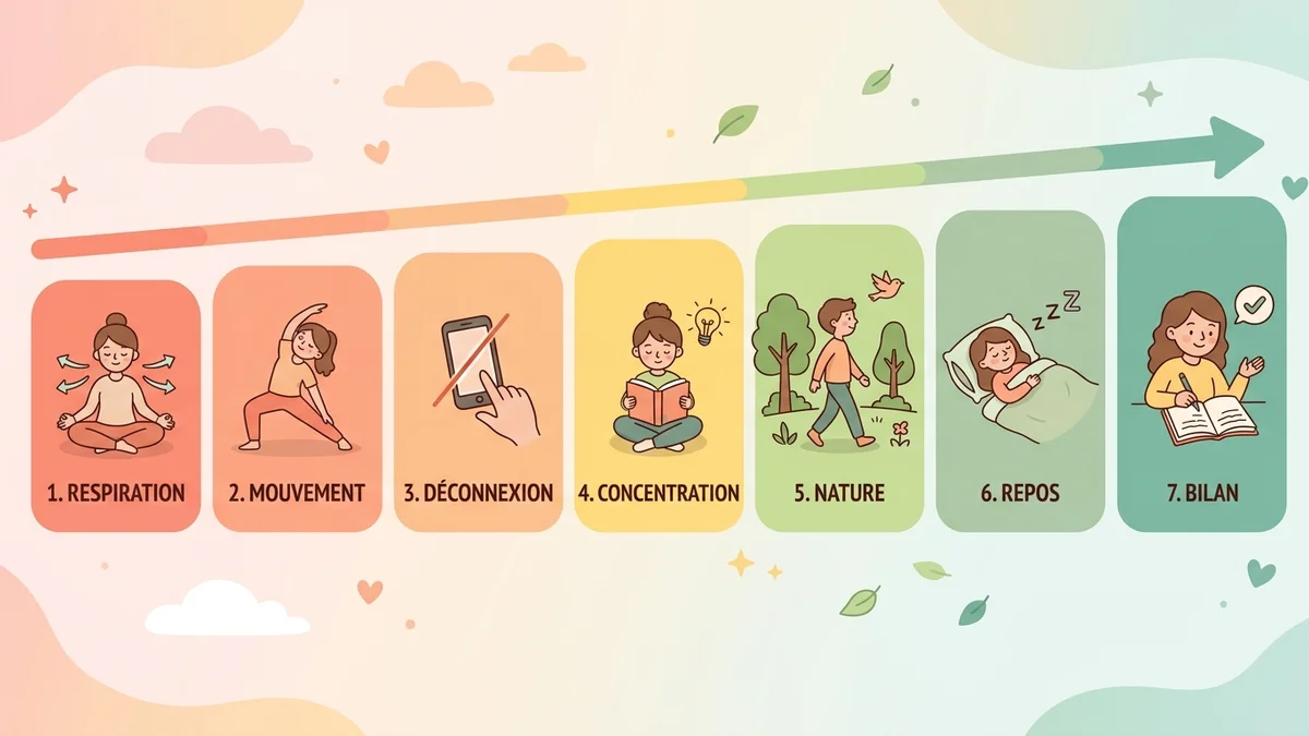 Infographie du plan anti-fatigue mentale en 7 jours : progression quotidienne avec icônes respiration, marche, gratitude, suivi humeur et repos, en palette pastels chaudes