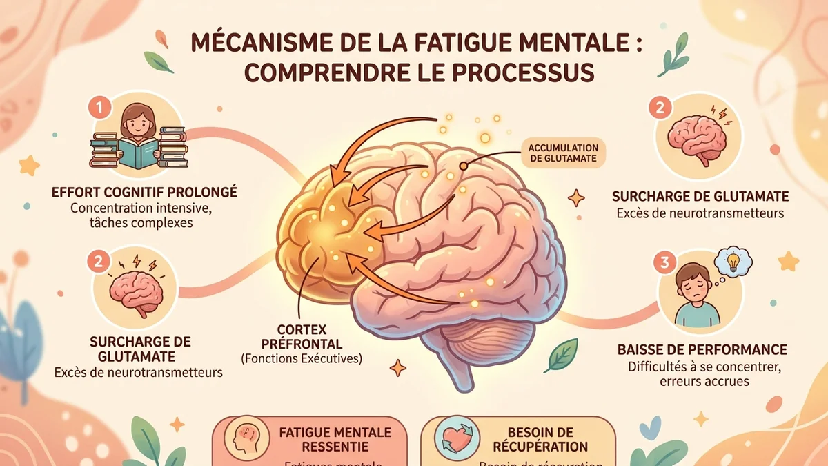 Infographie du mécanisme de la fatigue mentale : cortex préfrontal surchargé, accumulation de glutamate, baisse des performances cognitives, avec icônes du cerveau et flèches de progression