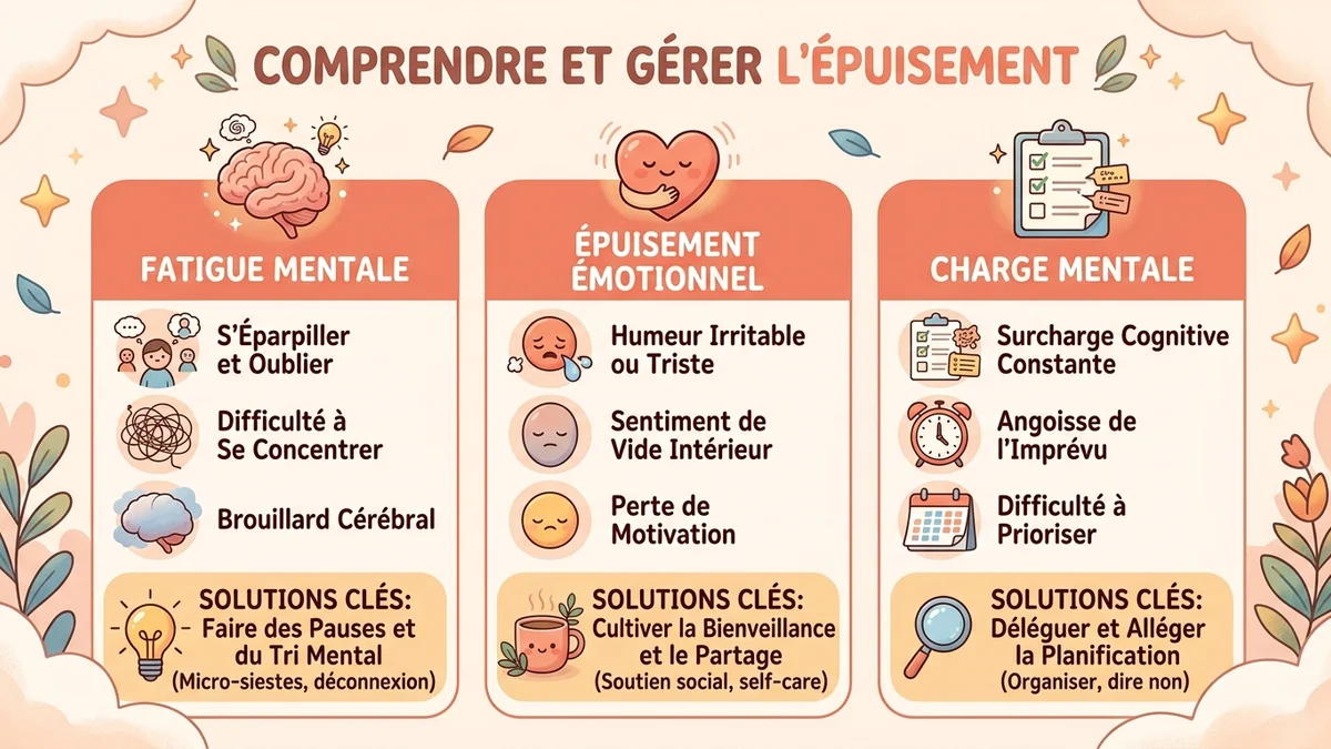 Infographie comparative des trois types d'épuisement : fatigue mentale (cerveau), épuisement émotionnel (coeur) et charge mentale (liste de tâches), avec symptômes et solutions par catégorie