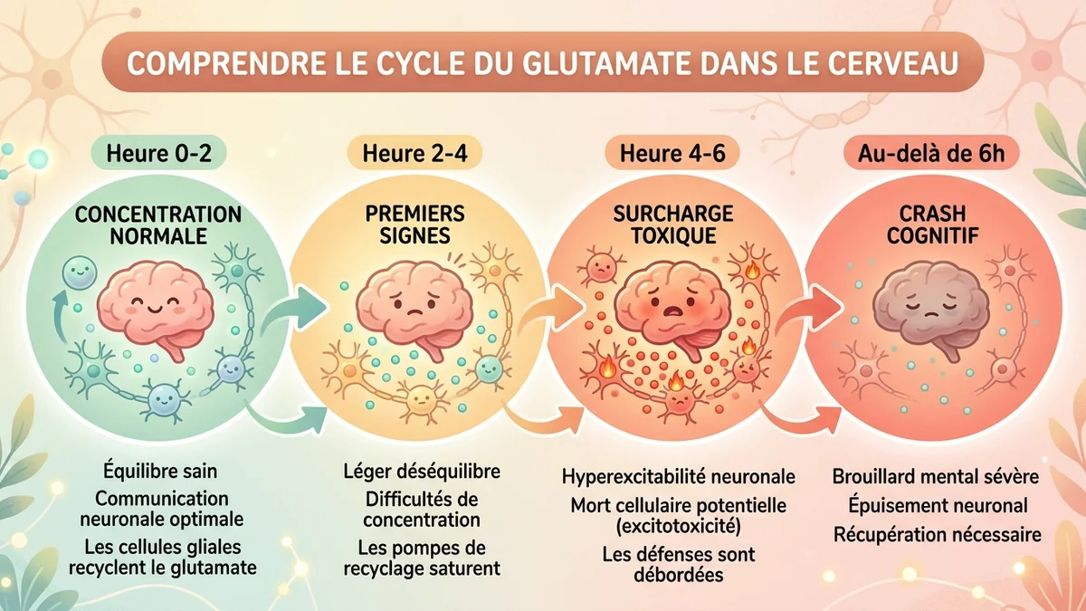 Infographie du cycle du glutamate dans le cortex préfrontal : effort cognitif prolongé, accumulation de glutamate toxique, baisse de performance, besoin de récupération, avec données chiffrées et icônes scientifiques