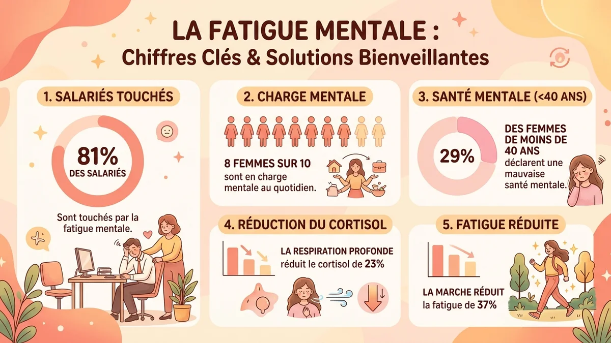 Infographie des 7 solutions avec statistiques d'efficacité : micro-pauses (40% concentration restaurée), respiration (cortisol -23%), suivi humeur, sommeil, mouvement doux (fatigue -37%), diète info, gratitude (bien-être +25%)