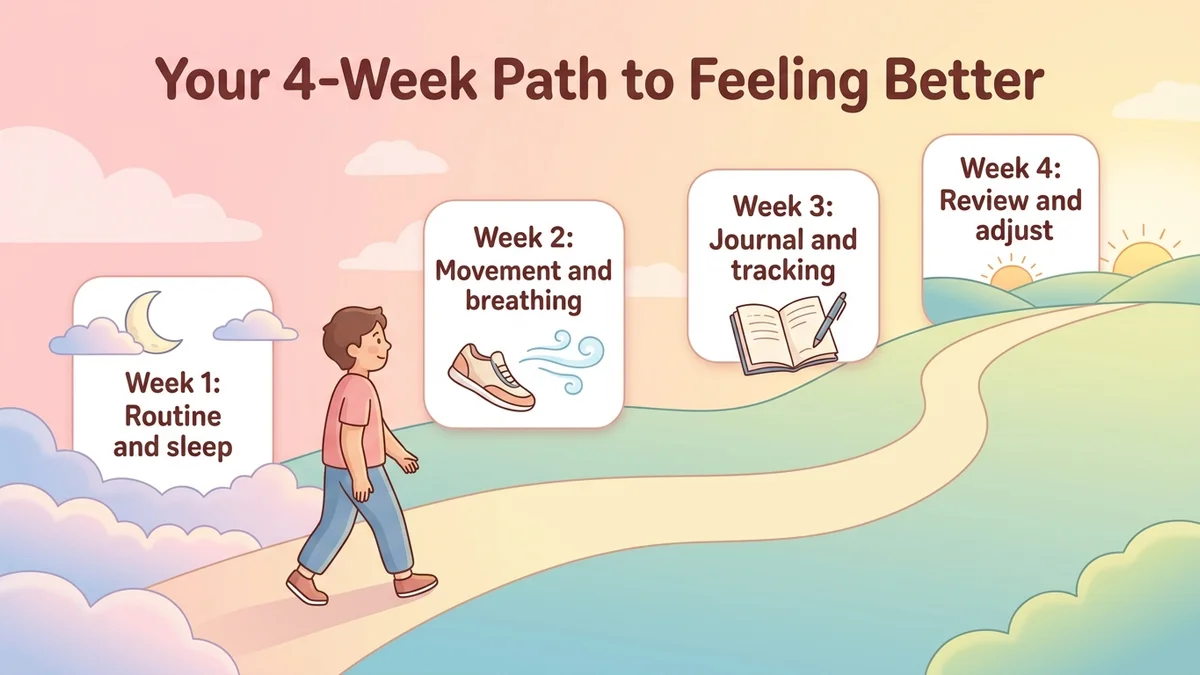 Step-by-step infographic of the process to bounce back: week 1 routine and sleep, week 2 physical activity and breathing, week 3 journaling and tracking, week 4 review and adjustments