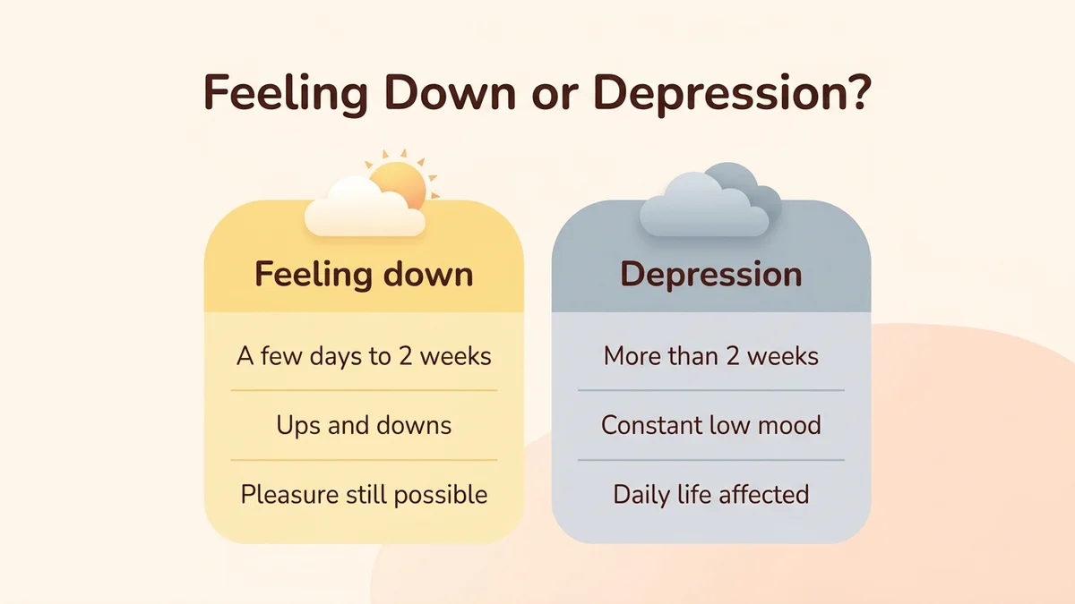Infographic comparing the signs of feeling down and clinical depression, with duration, intensity and key diagnostic criteria