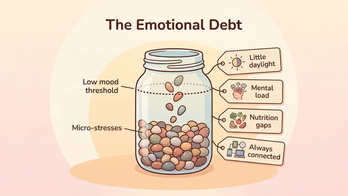 Infographic illustrating the emotional debt mechanism: accumulating micro-stresses, impact on serotonin and cortisol, and the threshold at which a low mood sets in