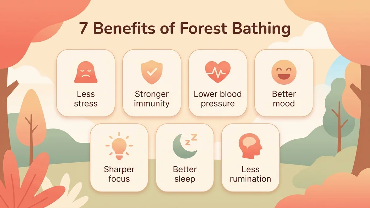 Infographic presenting the seven benefits of forest bathing: lower cortisol, more NK cell activity, lower blood pressure, better mood, better focus, better sleep and less anxiety