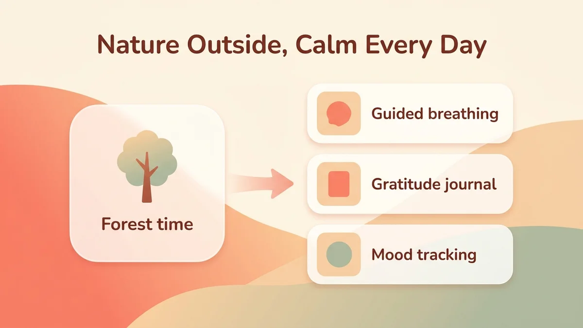 Diagram showing how outdoor forest bathing and daily practice with Serena complement each other: guided breathing, gratitude journal and mood tracking