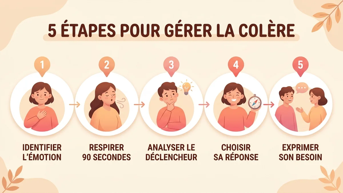 Infographie étape par étape du processus de gestion de la colère : identifier l'émotion, respirer 90 secondes, analyser le déclencheur, choisir sa réponse, exprimer son besoin