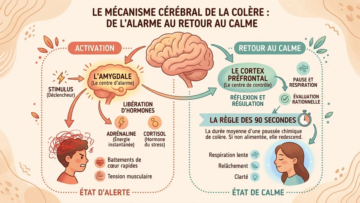 Infographie du mécanisme cérébral de la colère : l'amygdale déclenche la libération de cortisol et d'adrénaline, tandis que le cortex préfrontal tente de reprendre le contrôle en 90 secondes