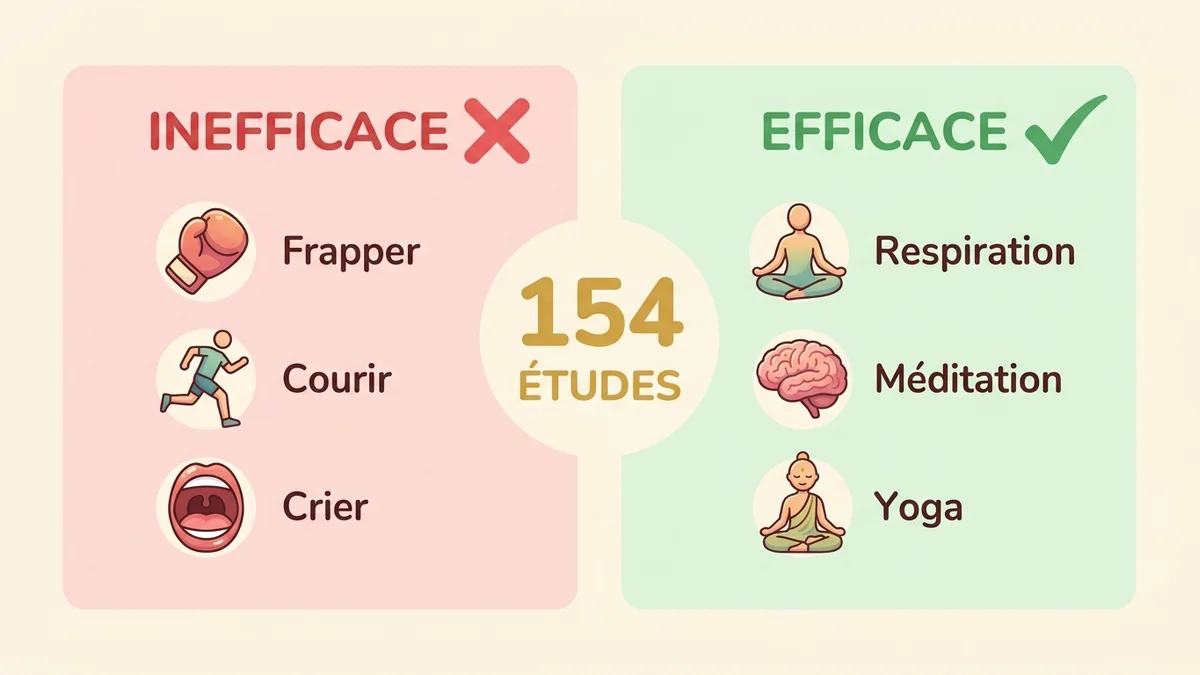 Infographie comparant les techniques de gestion de la colère : activités à haute activation (inefficaces) versus techniques apaisantes (efficaces), avec résultats de la méta-analyse 2024