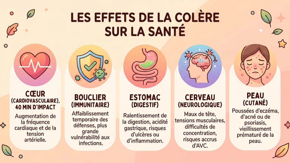 Infographie des effets de la colère chronique sur les cinq systèmes du corps avec statistiques clés et icônes par catégorie