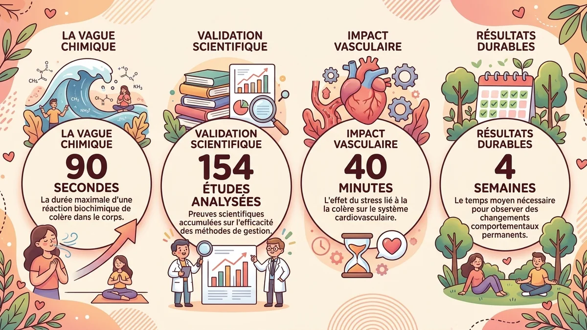 Infographie des statistiques clés sur la colère : 90 secondes de vague chimique, 154 études analysées, 40 minutes d'impact vasculaire, 4 semaines pour des résultats durables