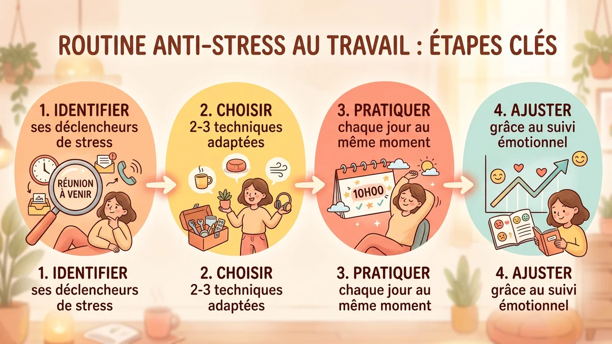 Schéma en 4 étapes pour mettre en place sa routine anti-stress au travail : identifier ses déclencheurs, choisir 2-3 techniques adaptées, pratiquer quotidiennement, ajuster avec le suivi émotionnel