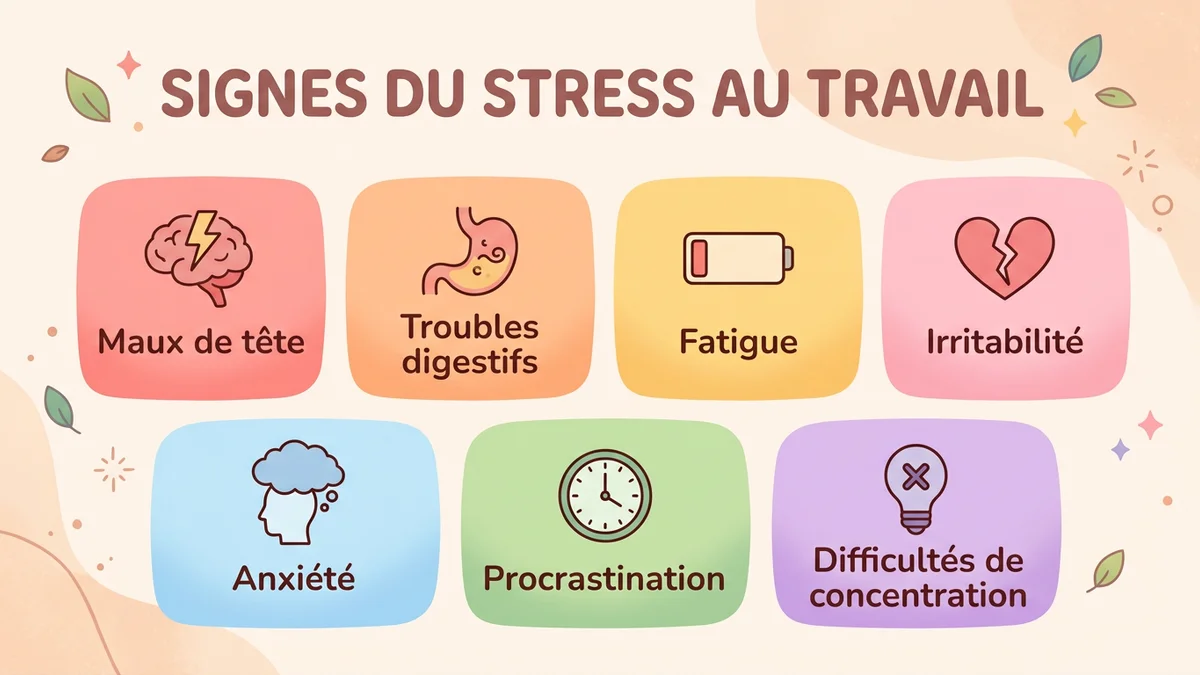 Infographie des sept catégories de signes du stress au travail avec icônes représentant chaque symptôme physique, émotionnel, comportemental et cognitif