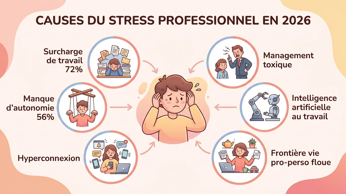 Infographie des six causes principales du stress professionnel en 2026 avec pourcentages, icônes par catégorie et distinction entre facteurs organisationnels et relationnels
