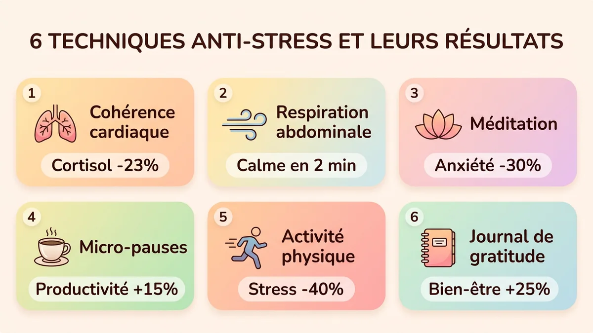 Infographie des 12 techniques anti-stress au travail classées par durée et efficacité, avec icônes représentant chaque méthode et statistiques de résultats prouvés