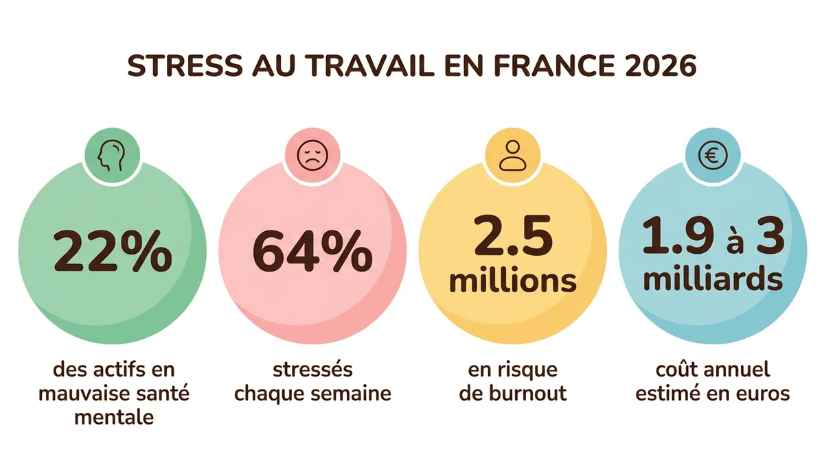 Infographie montrant les statistiques clés du stress au travail en France en 2026 : 22% en mauvaise santé mentale, 64% stressés chaque semaine, 2,5 millions en risque de burnout