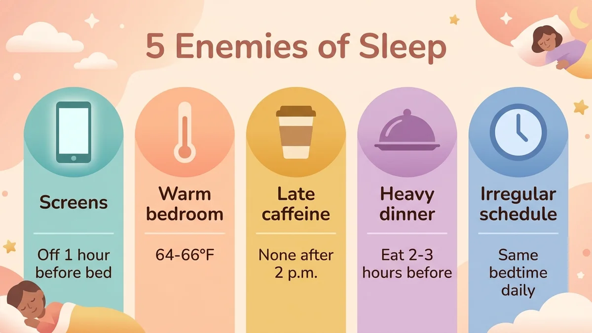Infographic of the 5 enemies of sleep with icons and solutions in colored columns