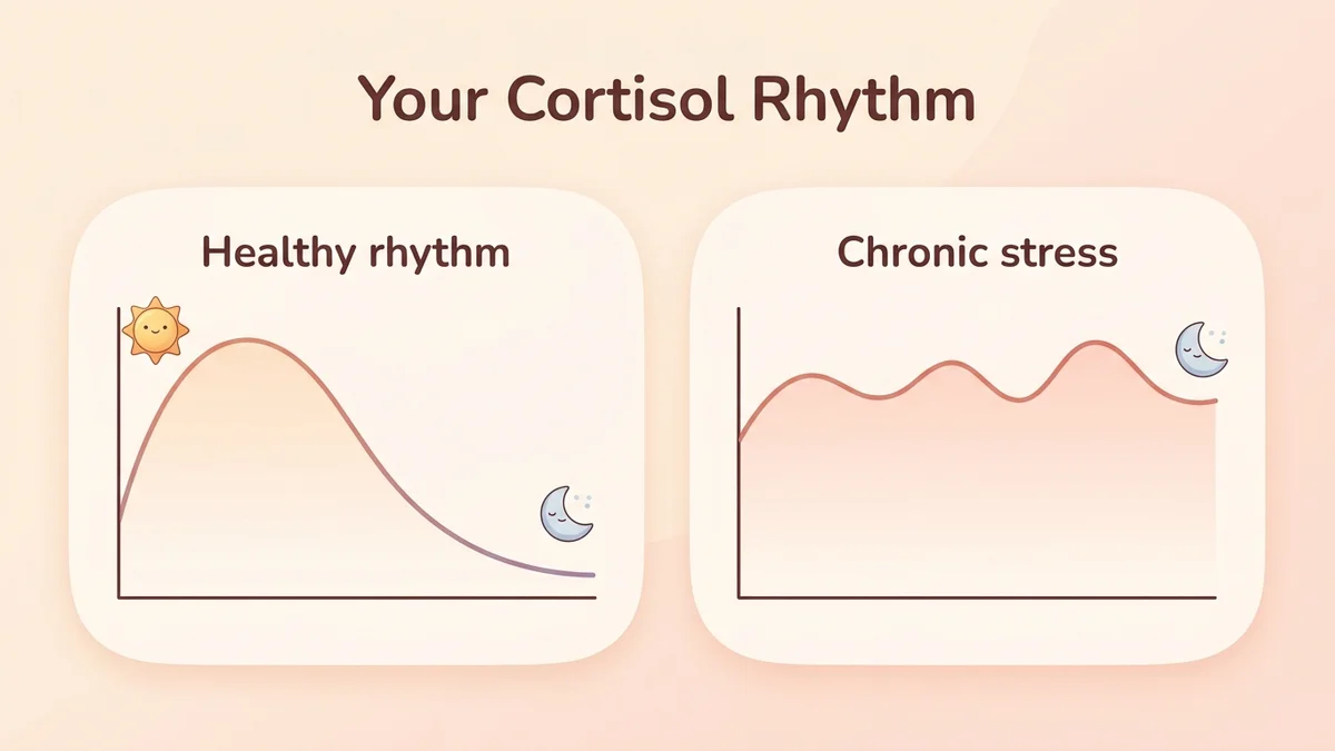 Infographic of the cortisol cycle: a circular diagram showing the HPA axis, the circadian cortisol rhythm with a morning peak and nighttime dip, and how it gets disrupted by chronic stress