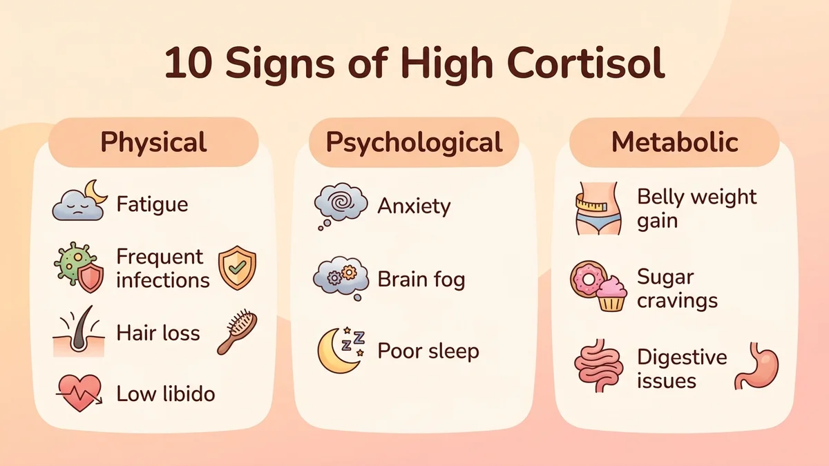 Infographic of the 10 signs of high cortisol grouped into three categories: physical, psychological and metabolic, with icons and color coding by category